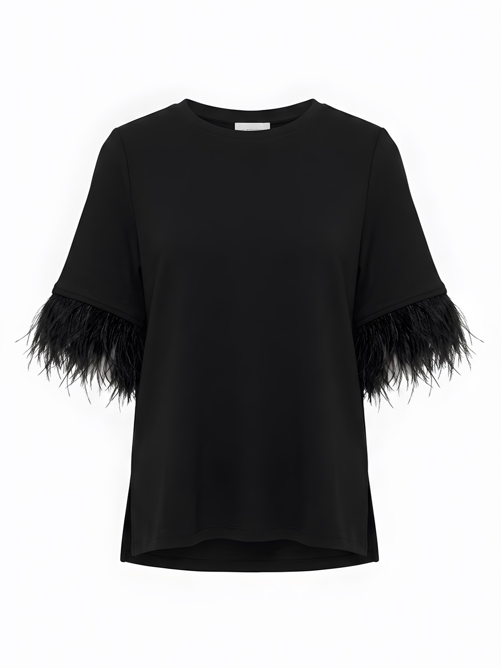 For Cynthia Black Short Sleeve Tee with Feather Trim